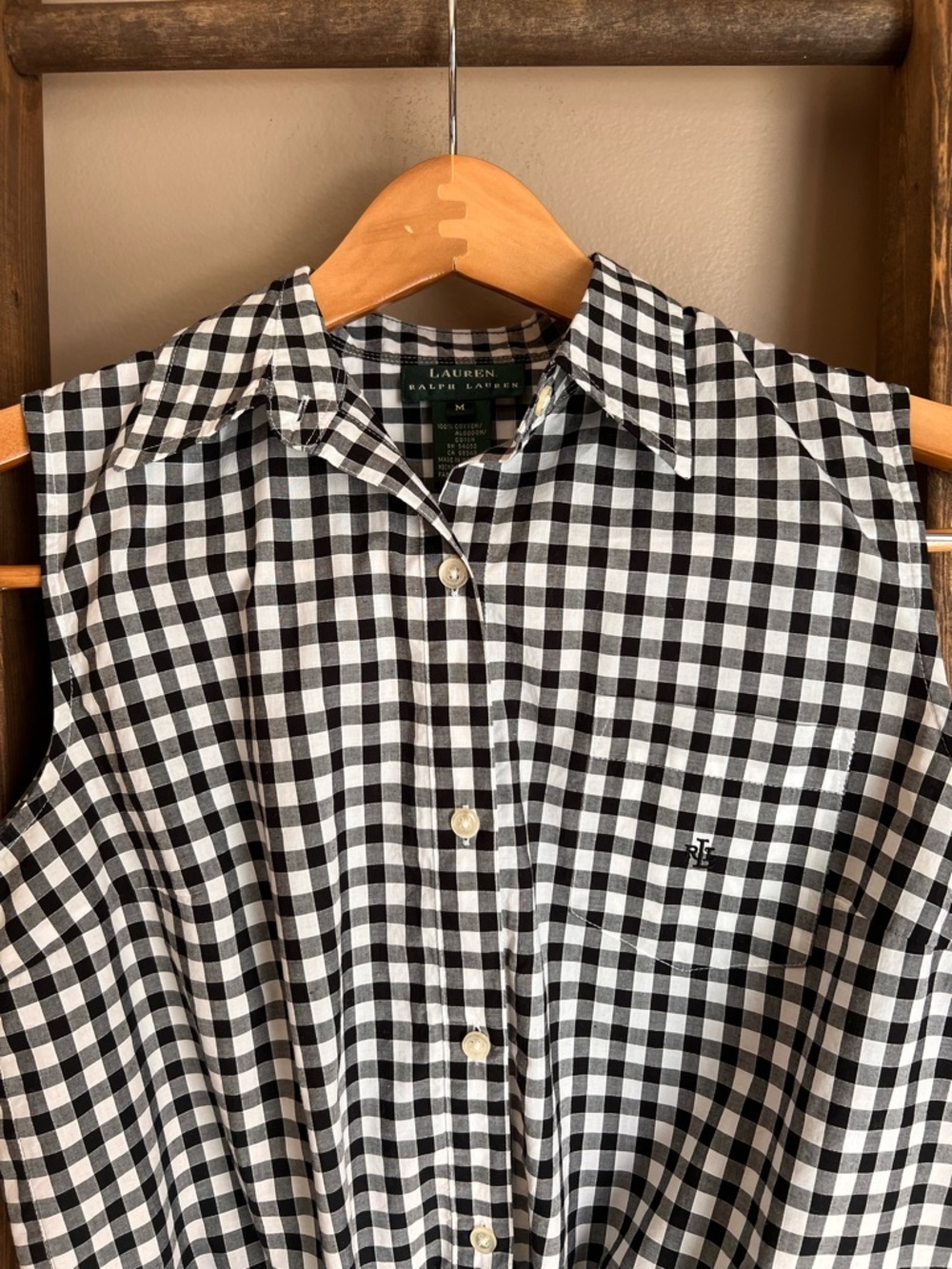 Ralph Lauren Sleeveless Gingham Tie-Front Shirt - Black & White - Picture 5 of 7